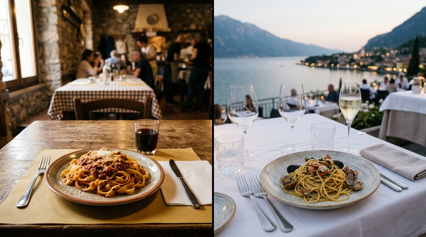 Side-by-side comparison photo of budget trattoria meal vs fine dining lakeside restaurant