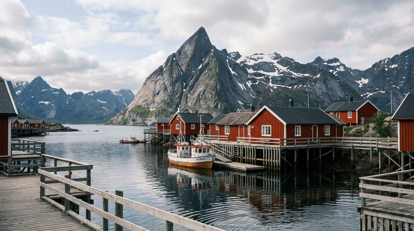 Reine village Lofoten Islands Norway red rorbu cabins on water with mountain backdrop in lofoten islands travel guide