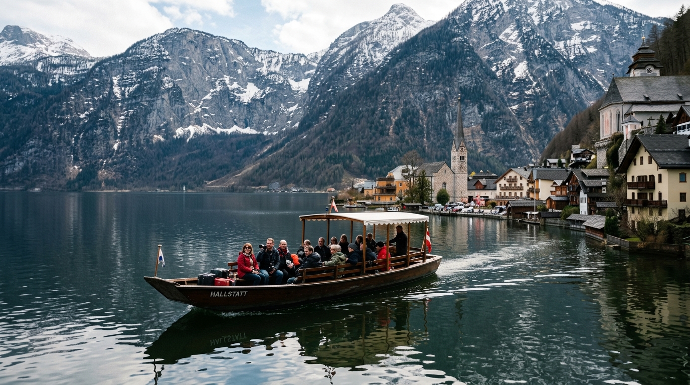 Small wooden ferry crossing Hallstatt lake from train station with village and church spire visible in background - in how to get to hallstatt