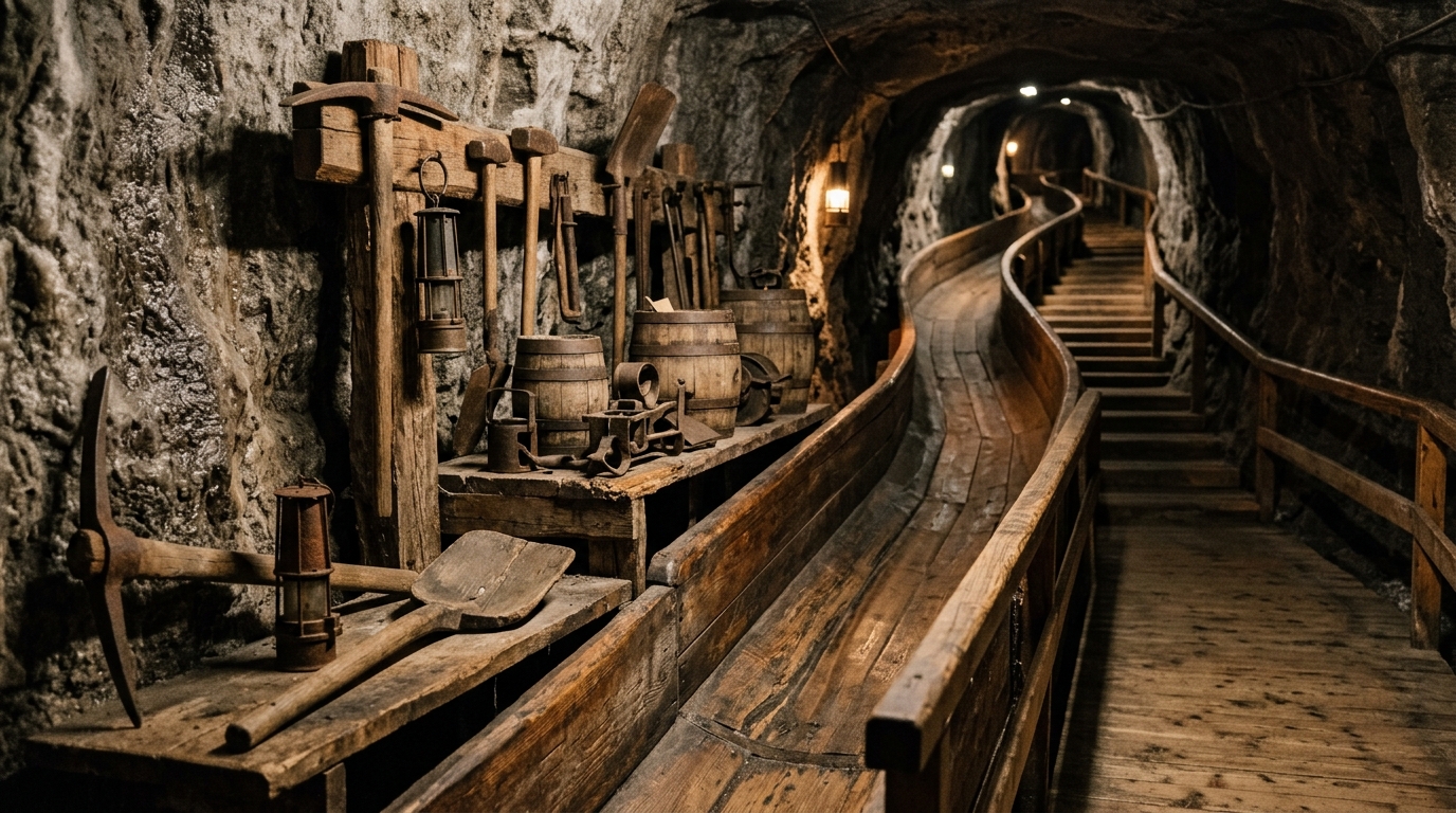 Hallstatt salt mine wooden slide and historic mining tools interior in is hallstatt worth visiting