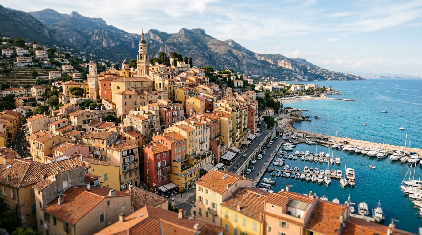 Menton Old Town aerial view showing colorful buildings stacked on hillside above Mediterranean