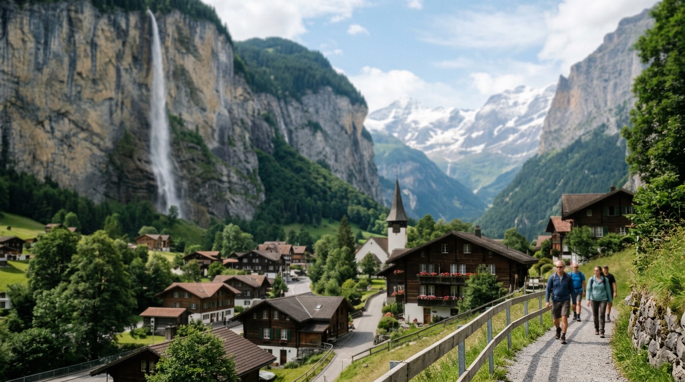 Staubbach Falls Lauterbrunnen Switzerland village waterfall - in lauterbrunnen travel guide