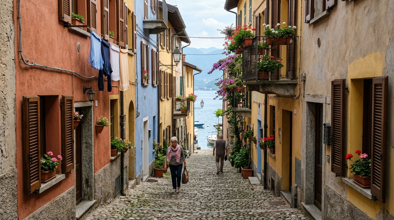 Isola dei Pescatori narrow fishing village alleyway with colorful houses Lake Maggiore in isola bella travel guide