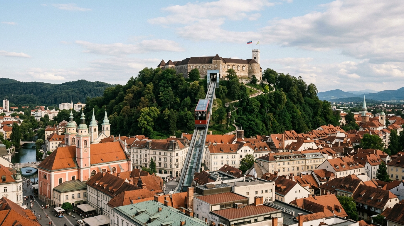Ljubljana Castle on hilltop with funicular and old town rooftops below - in ljubljana travel guide