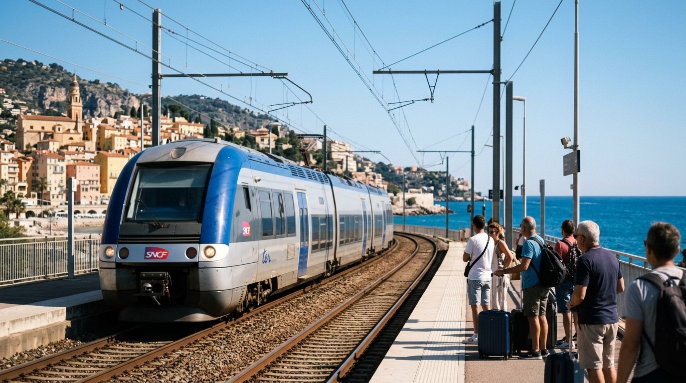 Menton SNCF station with train arriving and Mediterranean Sea in background