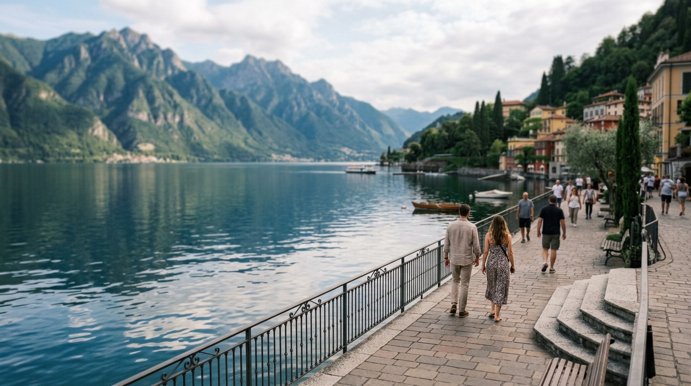 Free public lakeside promenade at Lake Como with mountains reflected in water