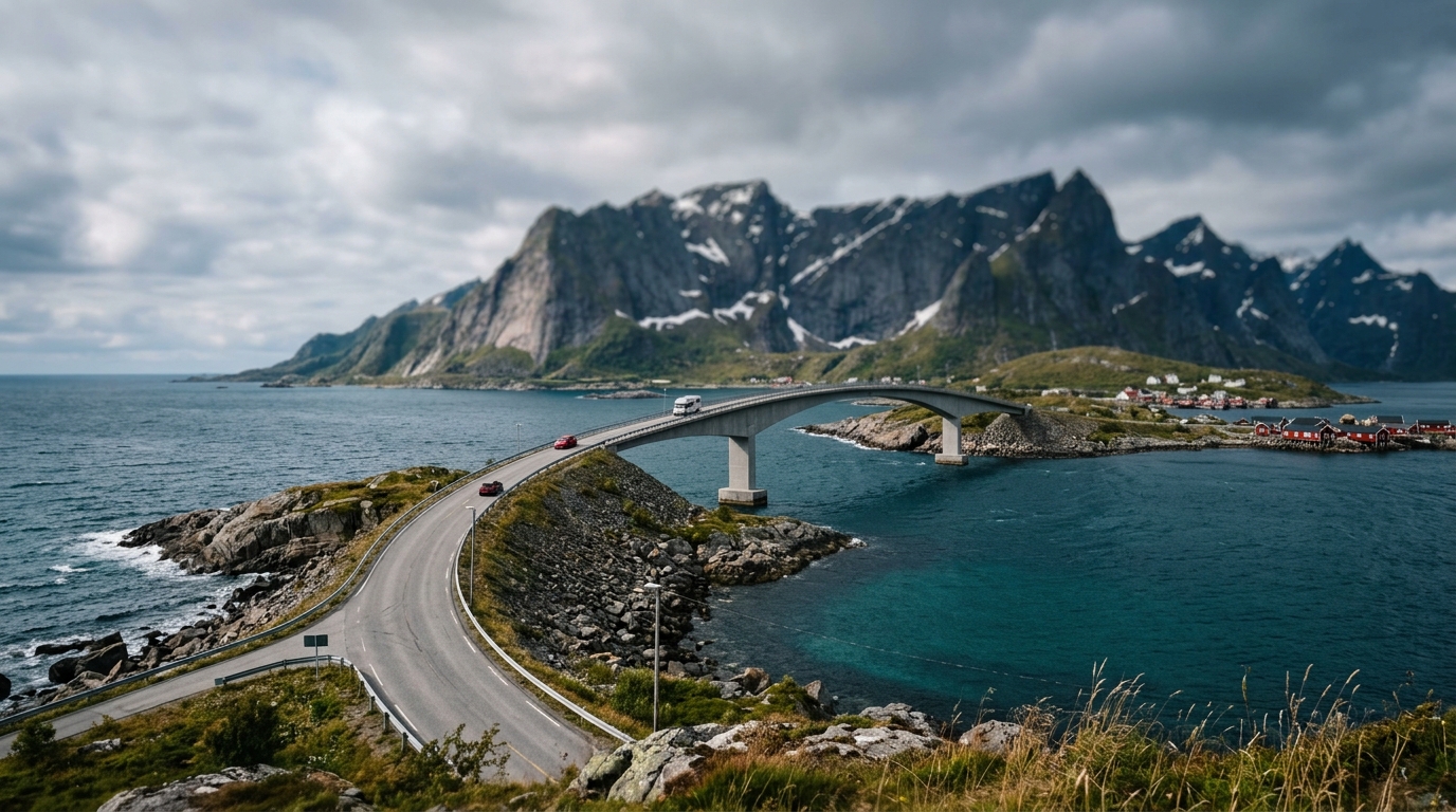 E10 highway Lofoten Islands Norway bridge between islands mountain ocean in lofoten islands travel guide