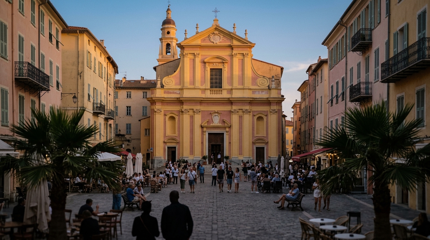 Basilica Saint-Michel Archange Menton with yellow and pink facade in evening light