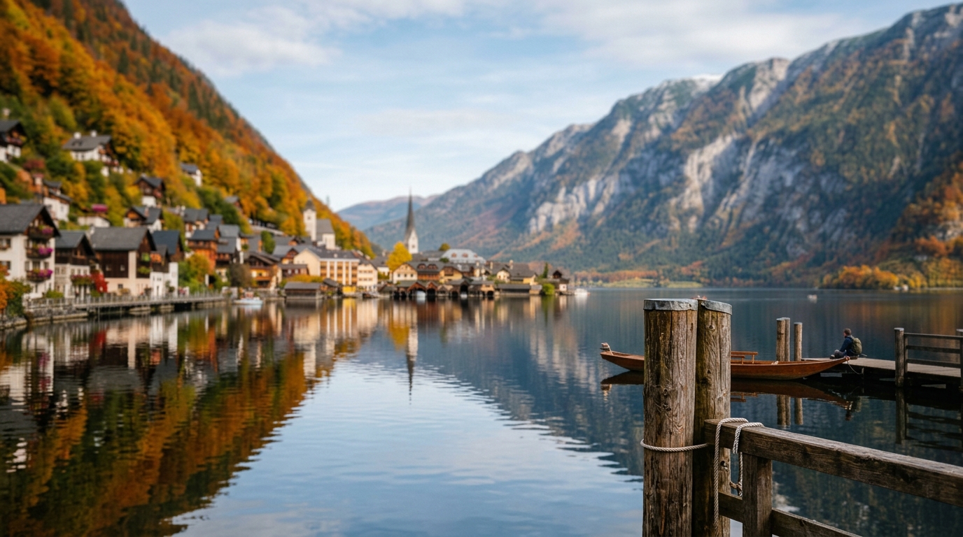 Hallstatt village in early autumn with orange foliage reflected in the lake and Dachstein peaks in is hallstatt worth visiting