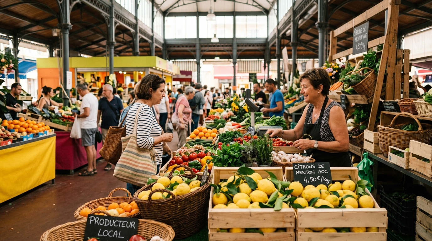 Menton Les Halles covered market interior with fresh produce, lemon displays and local vendors in best food in menton