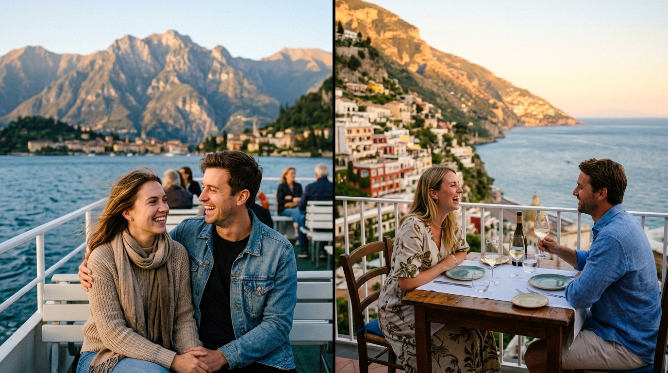 Happy couple on a Lake Como ferry at golden hour with mountain backdrop, contrasted with a couple at a Positano restaura in lake como vs amalfi coast