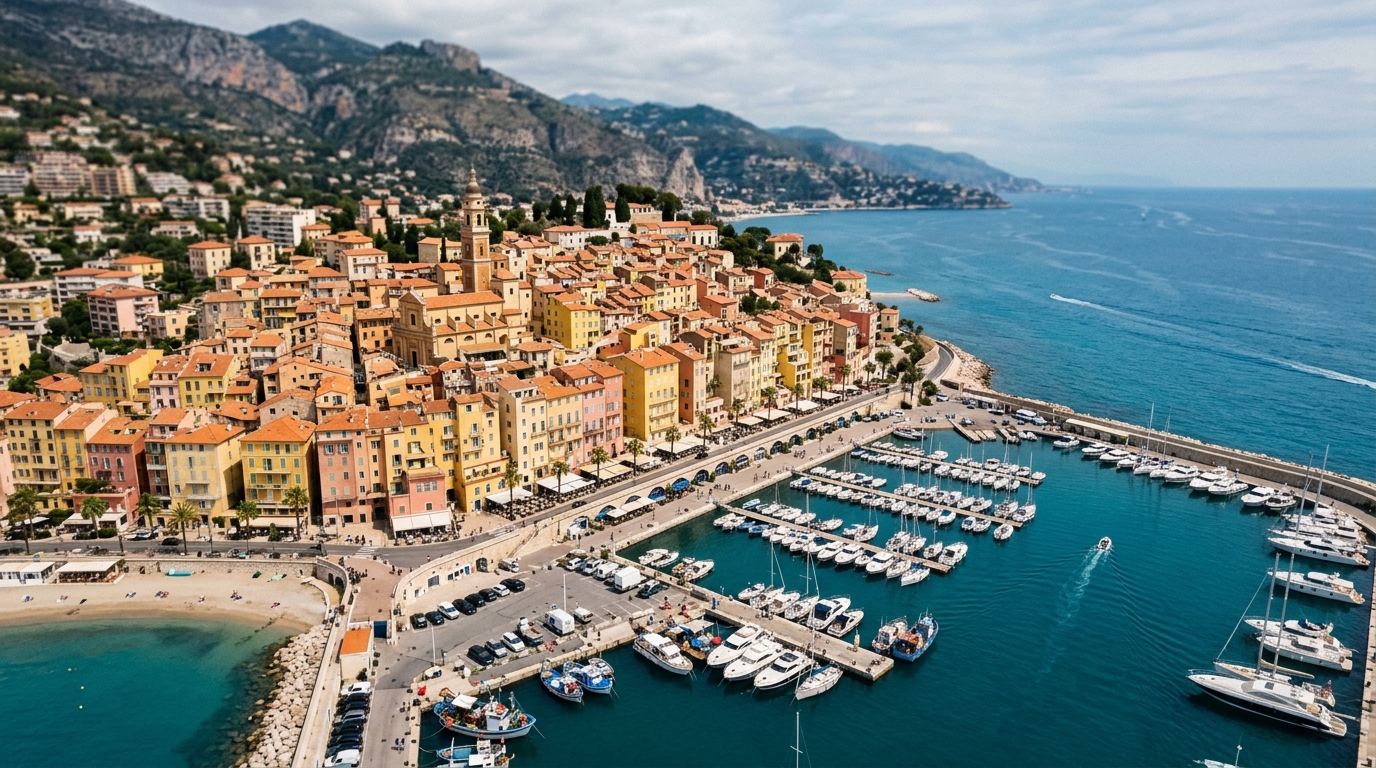 Aerial view of Menton's colorful old town and harbor in best things to do in menton