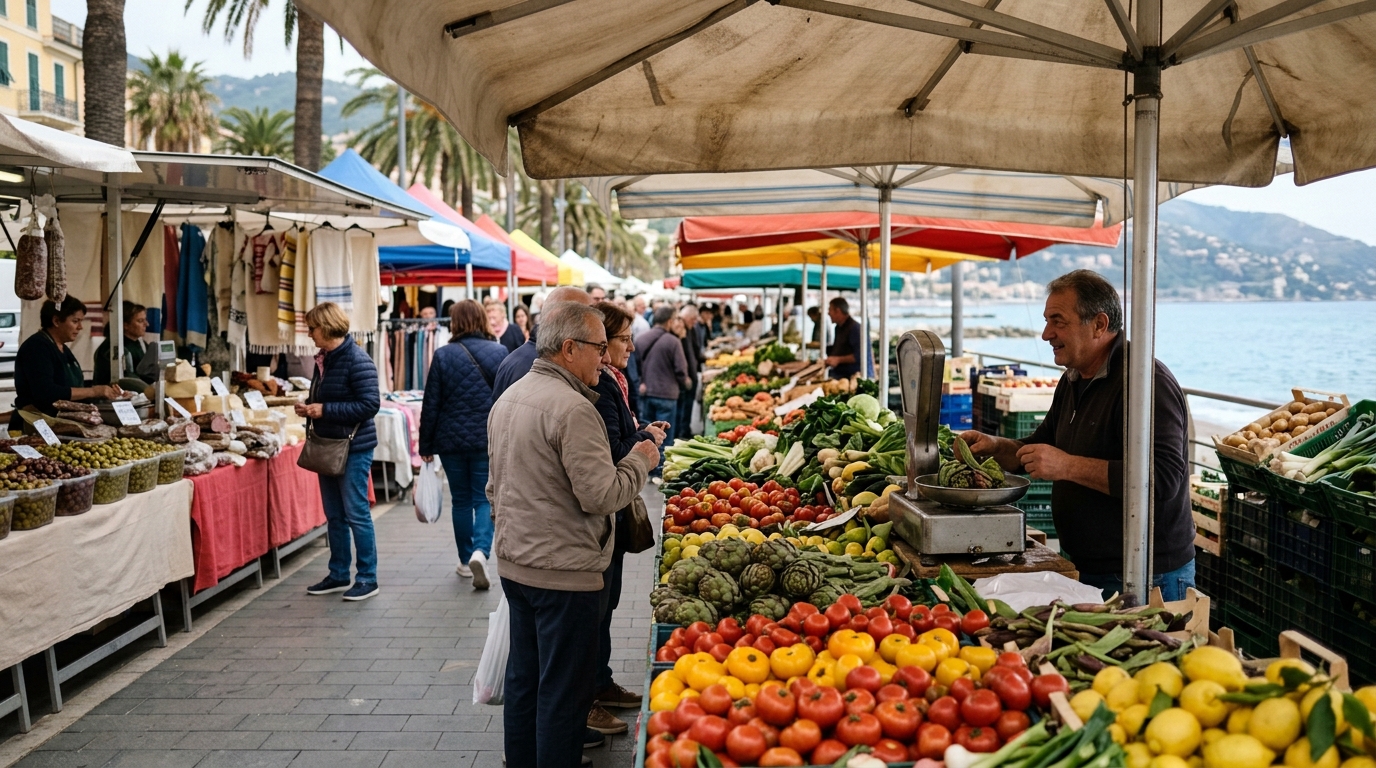 Ventimiglia Friday market stalls with Italian produce and goods along the seafront
