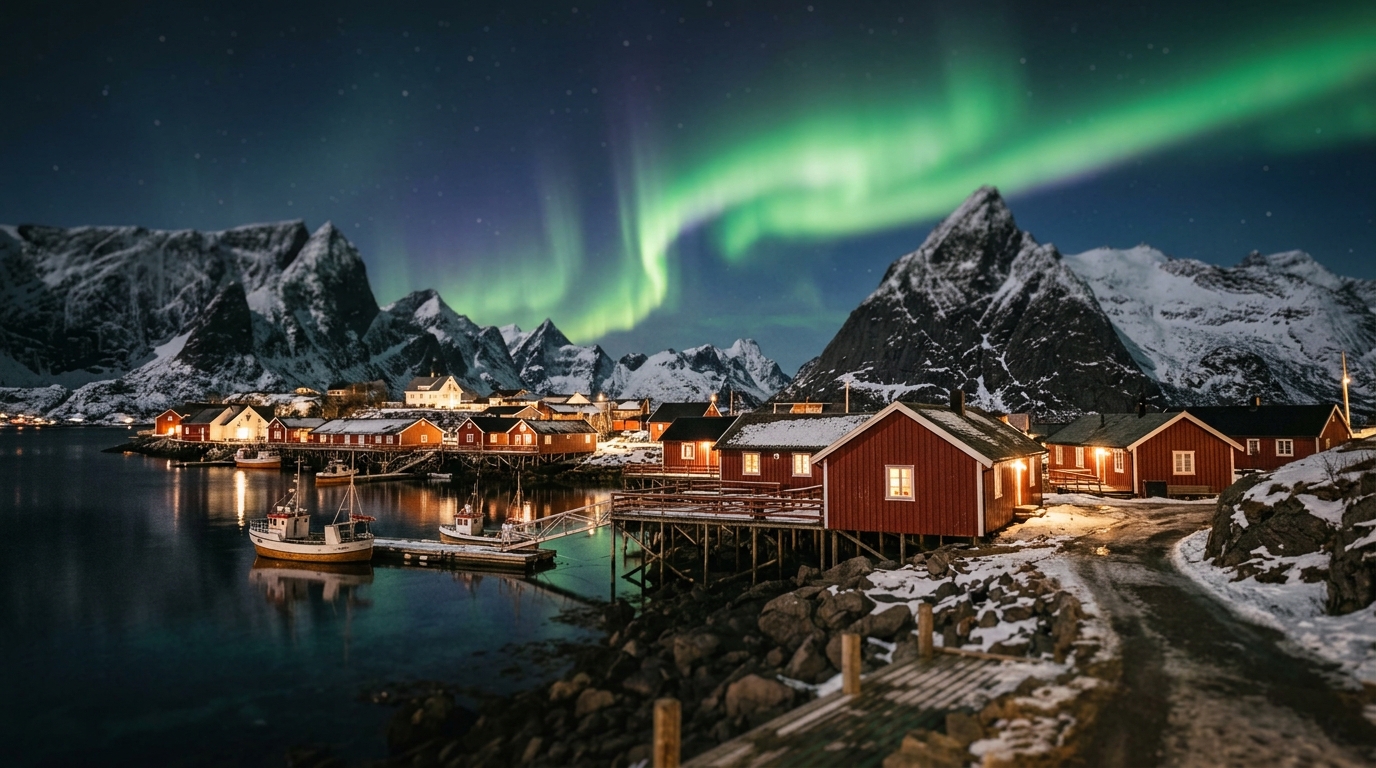 Northern lights aurora borealis over Lofoten Islands Norway rorbu village in lofoten islands travel guide