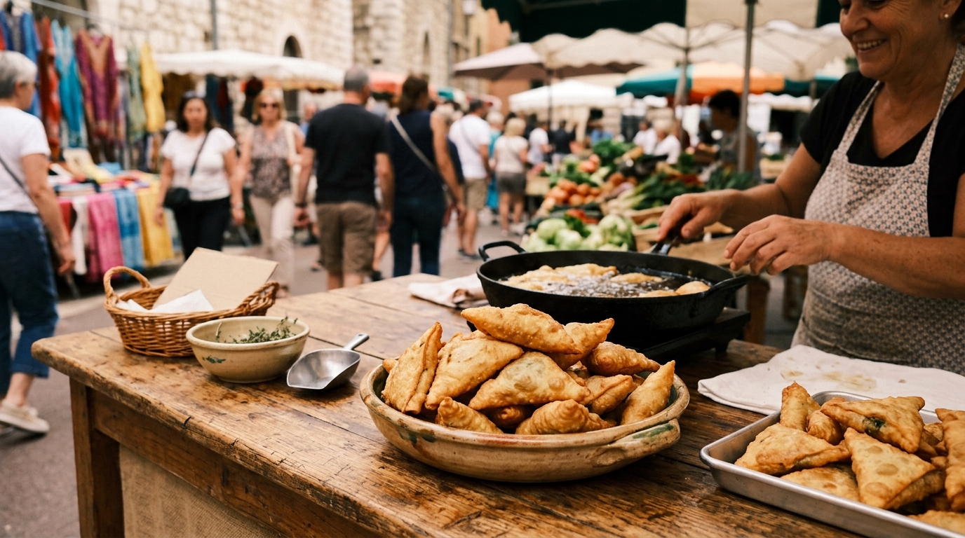 Golden barbagiuan fried pastries on a market stall in best food in menton
