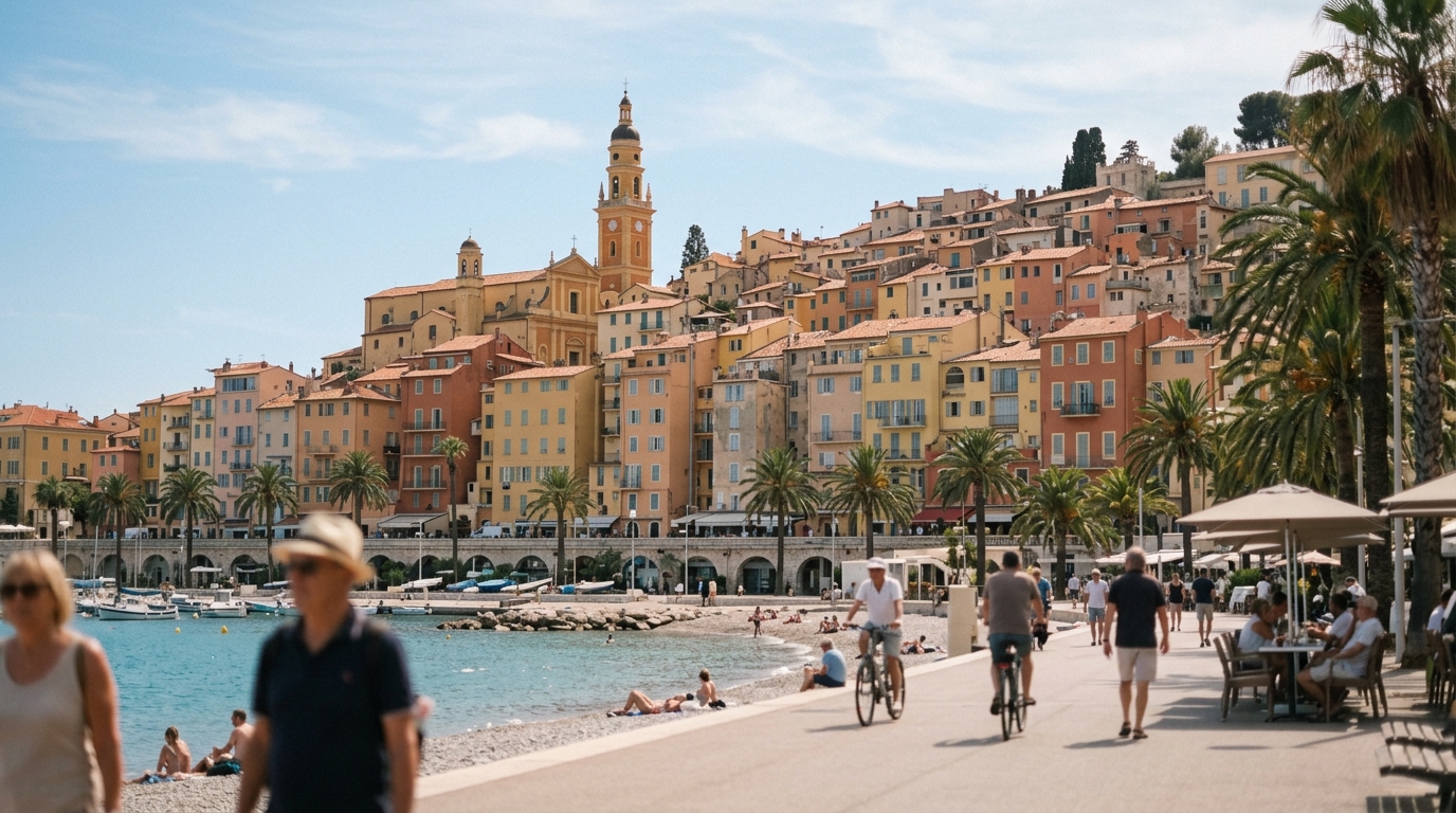 Menton old town colorful buildings along the seafront promenade with pastel facades