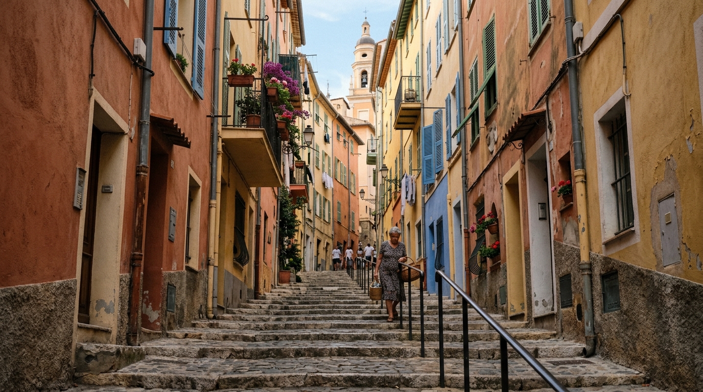 Menton old town steep alley with colorful buildings and steps in best things to do in menton