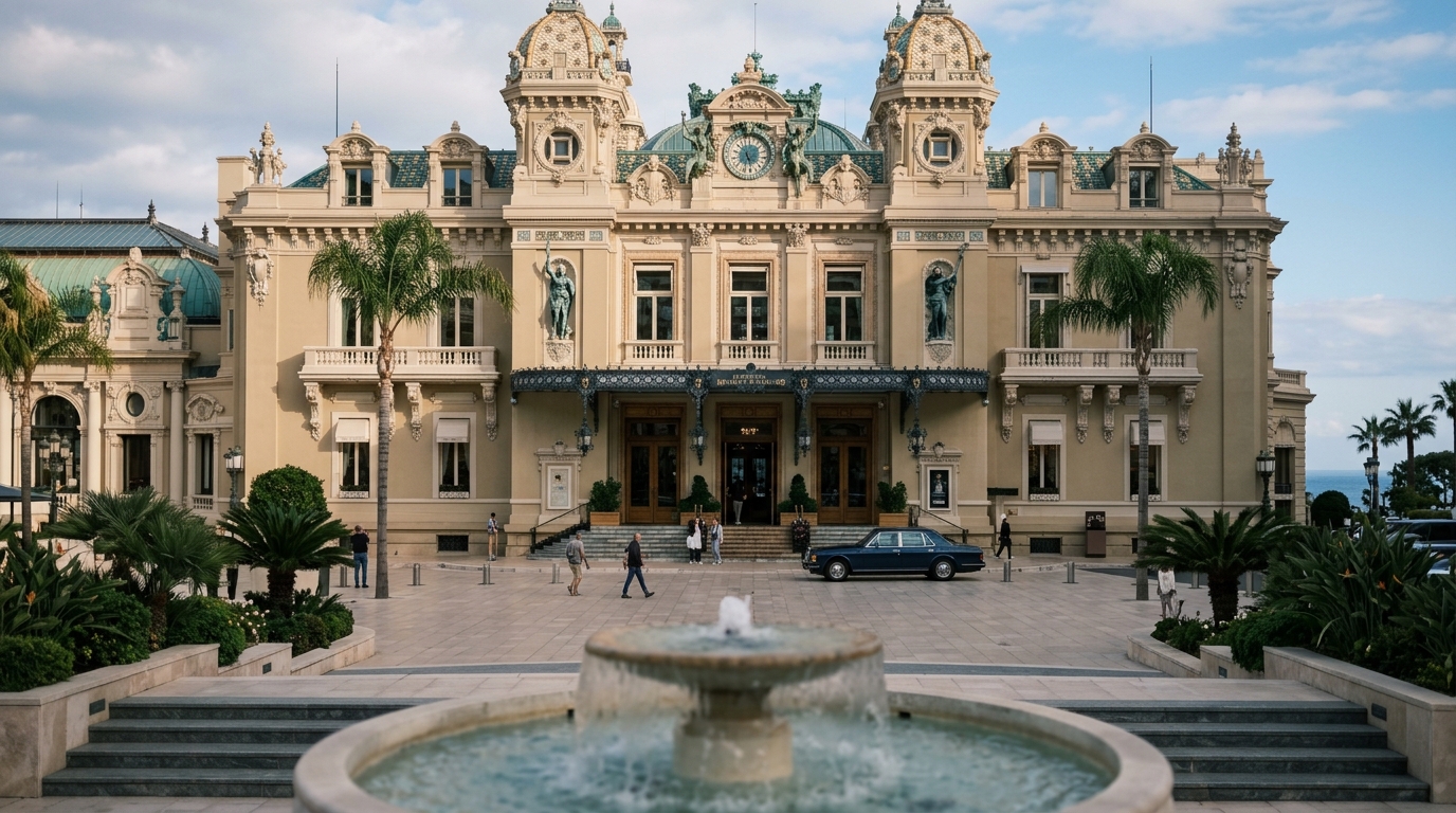 Monte Carlo Casino exterior with ornate Belle Epoque facade and fountain forecourt