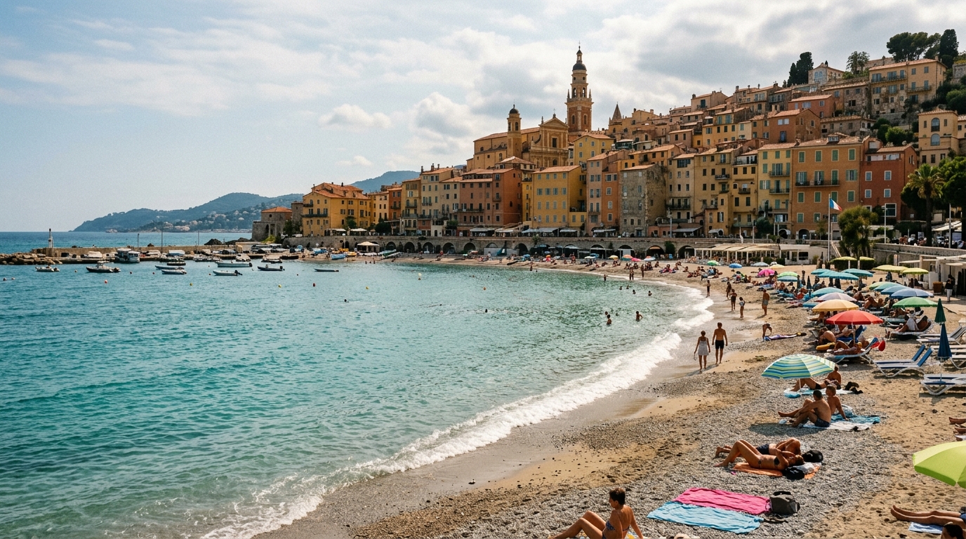 Menton beach with turquoise Mediterranean water and old town backdrop