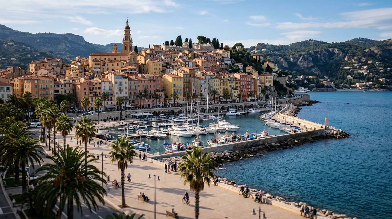 Wide shot of Menton old town with pastel houses cascading down to the harbour and palm trees lining the promenade