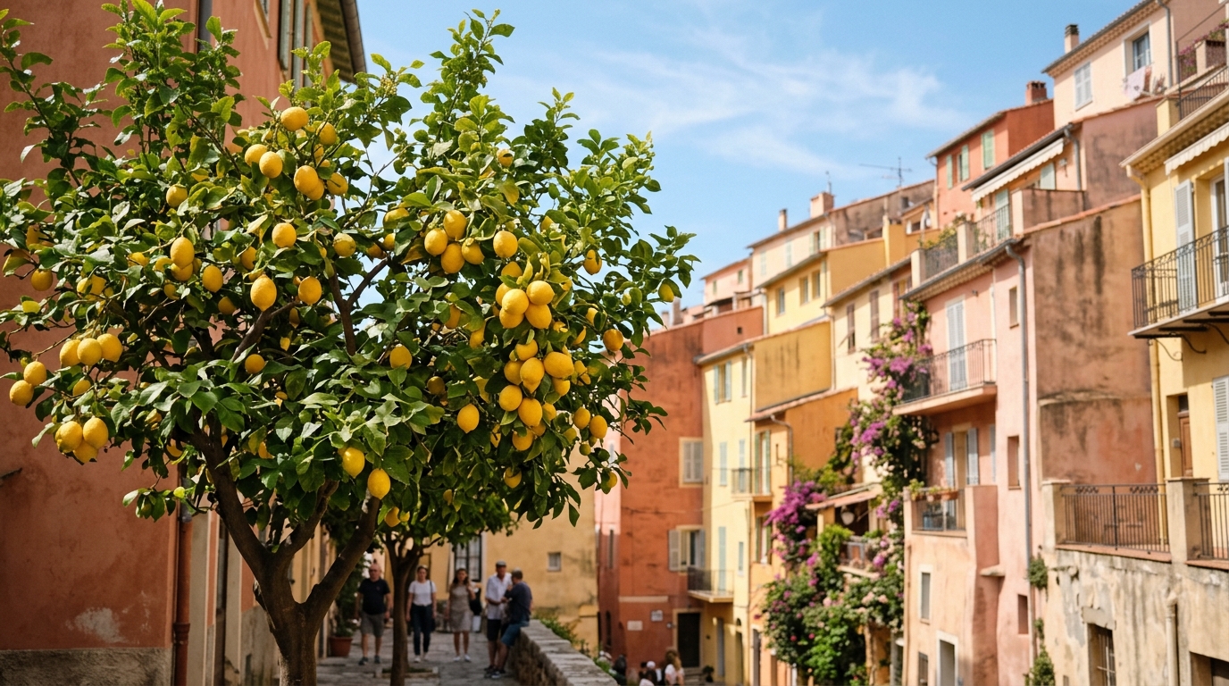 Lemons growing on a Menton tree against pastel architecture
