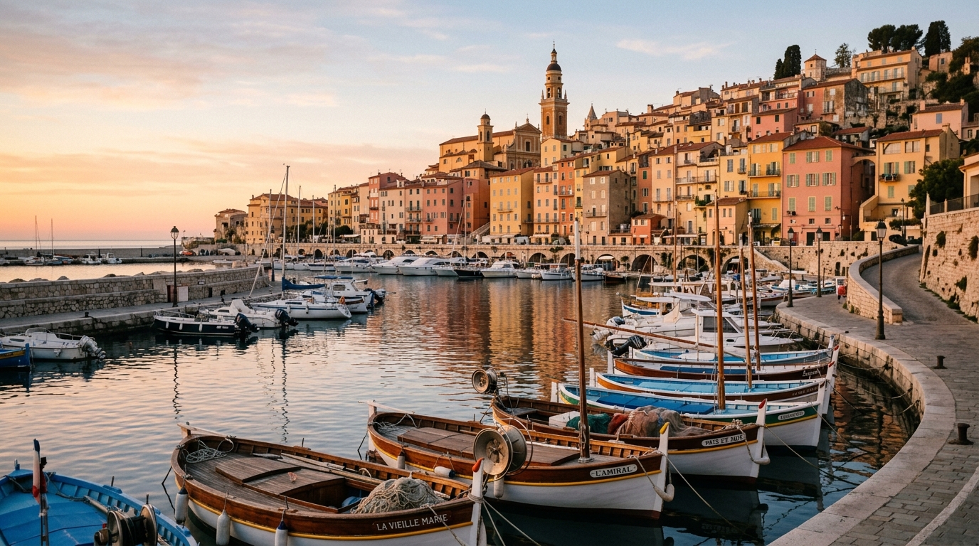 Menton old town harbour with colourful pastel buildings and fishing boats at sunrise