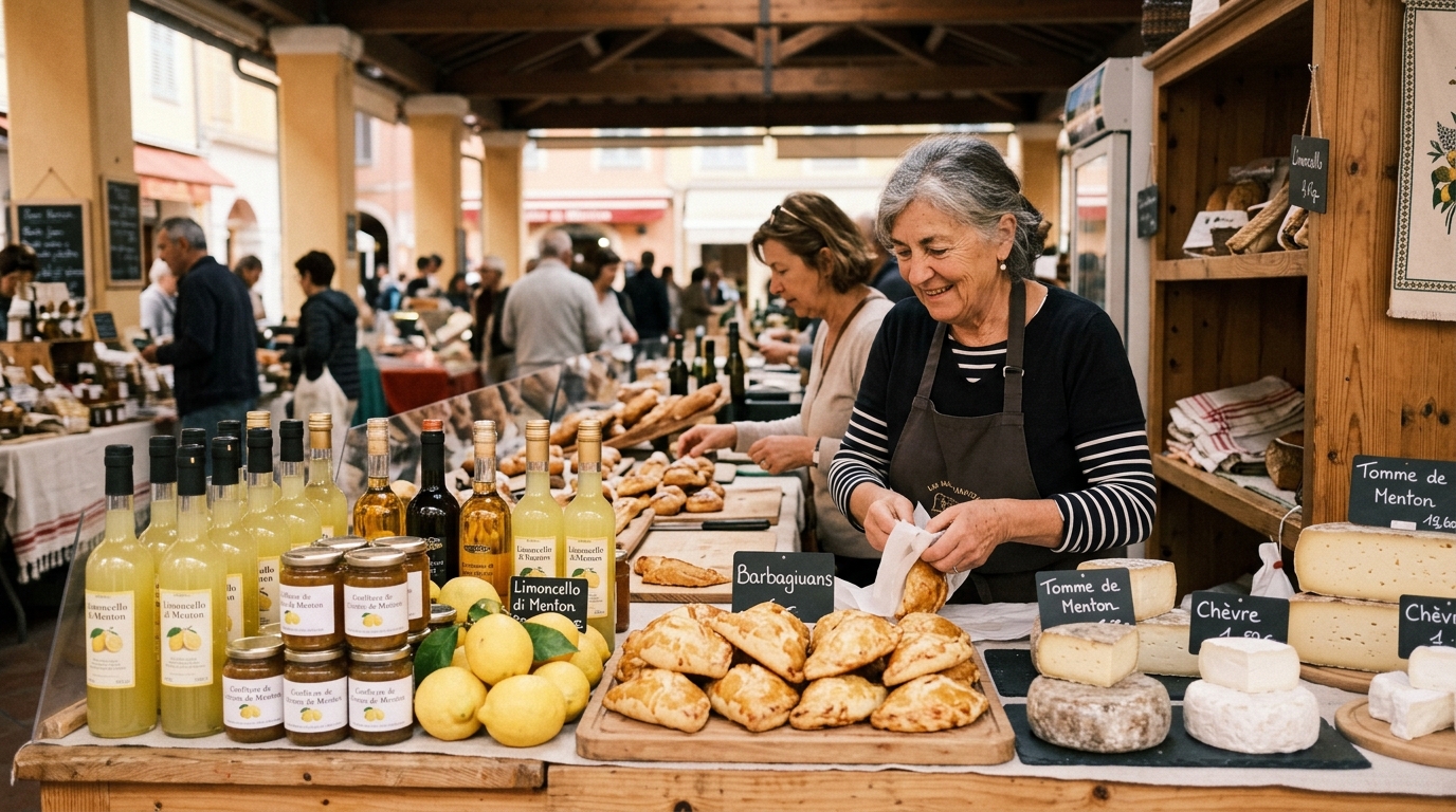 Les Halles Menton market stalls with lemon products, local cheese and barbagiuan pastries on display in best food in menton