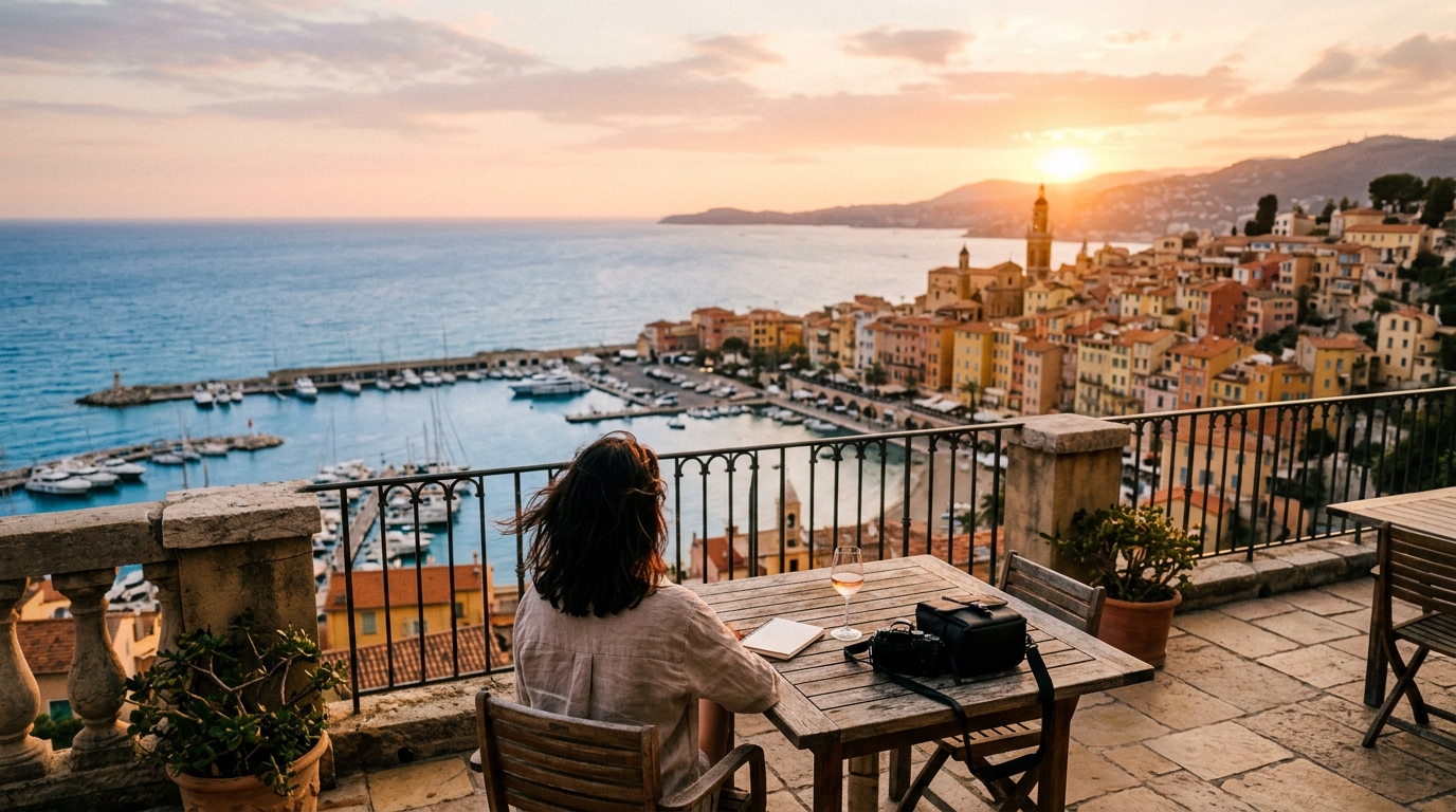 Hotel terrace overlooking Menton old town with Mediterranean view at sunset