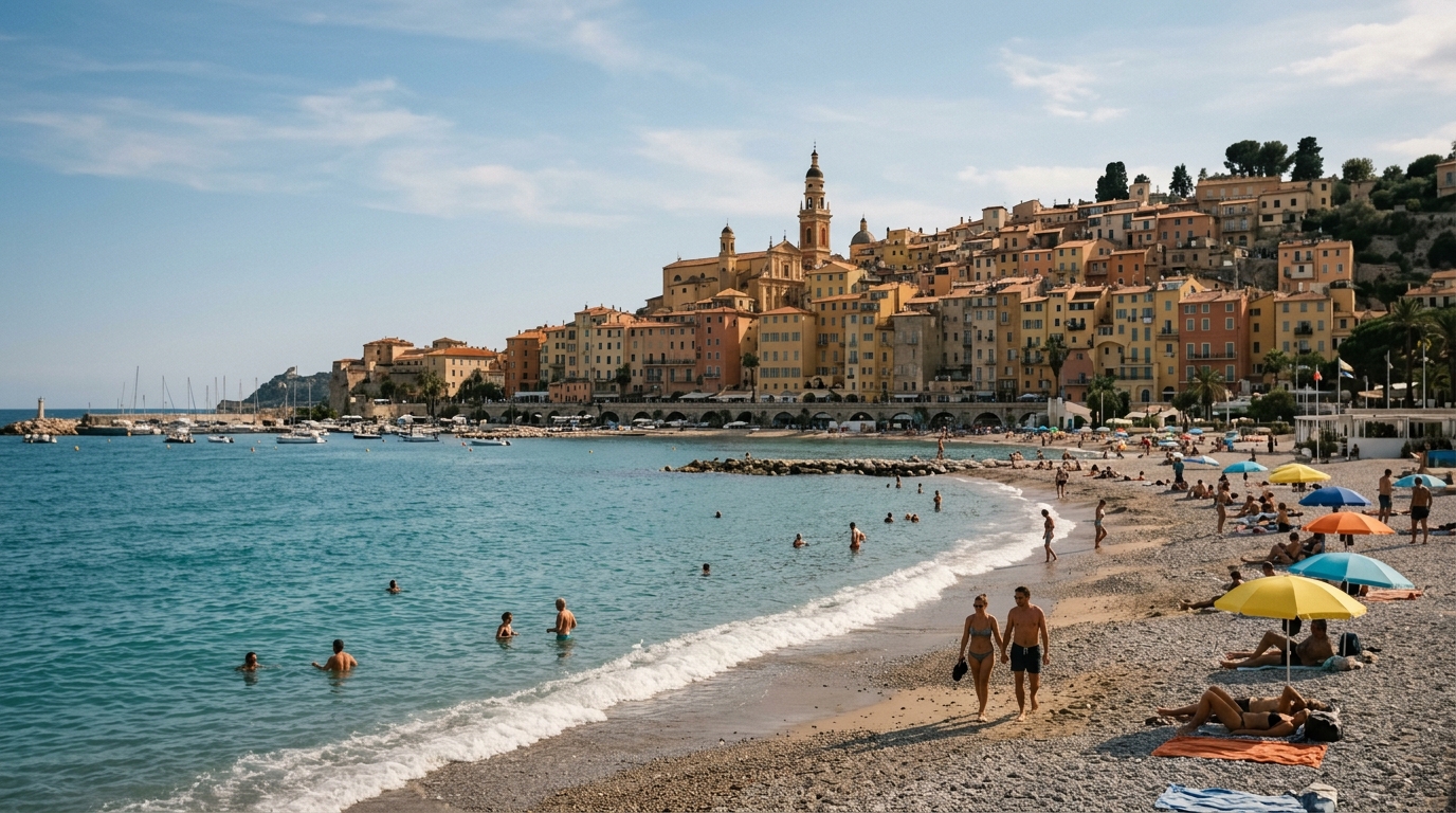 Menton beach with colorful old town buildings as backdrop in best things to do in menton