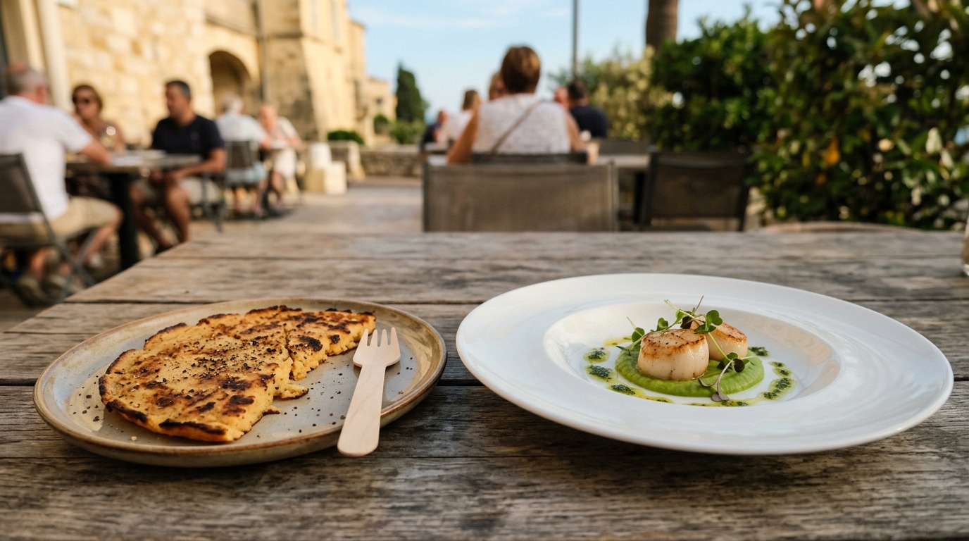 Comparison shot of a EUR 5 socca portion next to a fine dining plate at a Menton restaurant