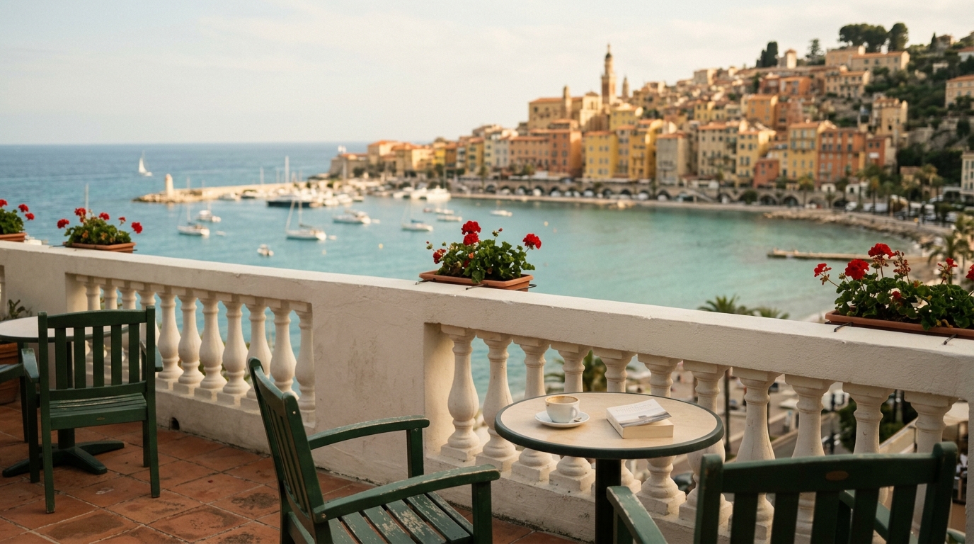 Mid-range Menton hotel with terrace overlooking Mediterranean bay