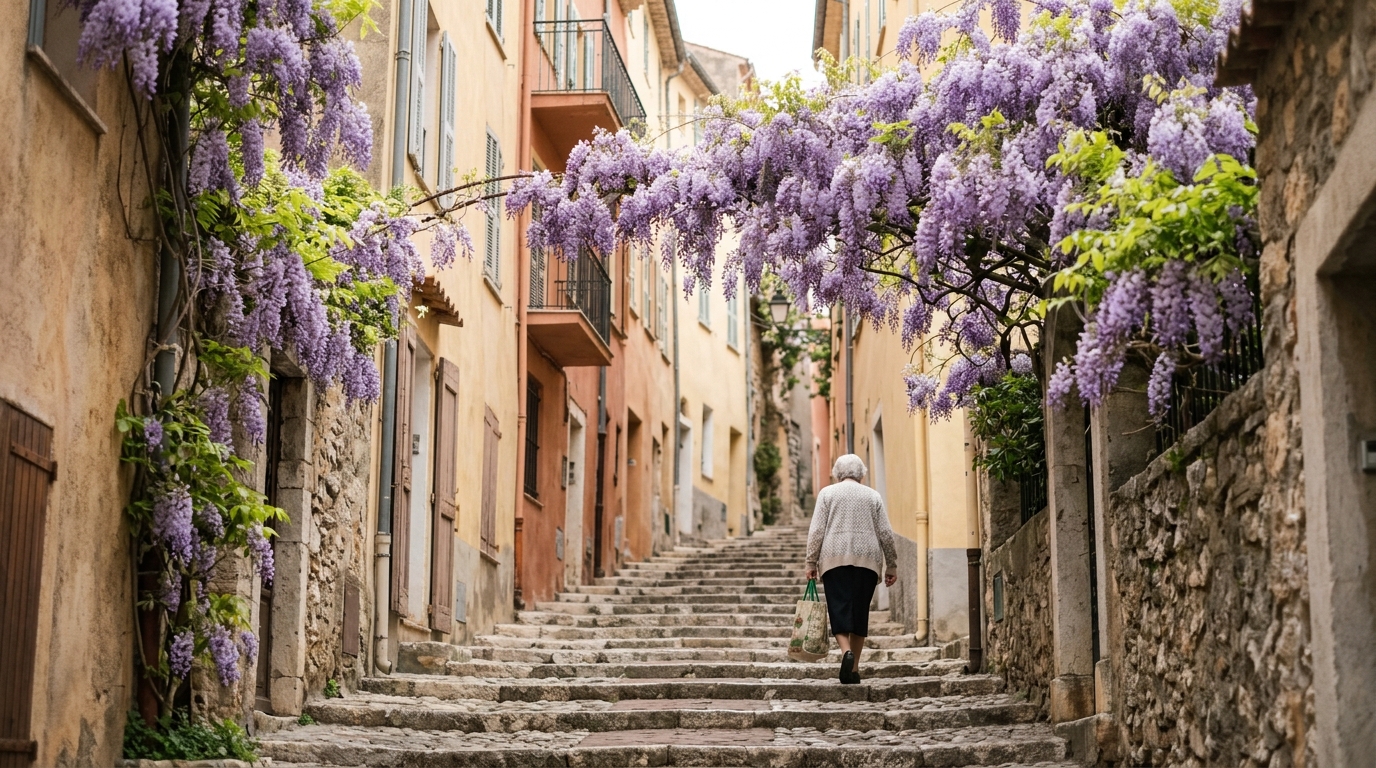 Menton wisteria and old town stone steps in spring bloom