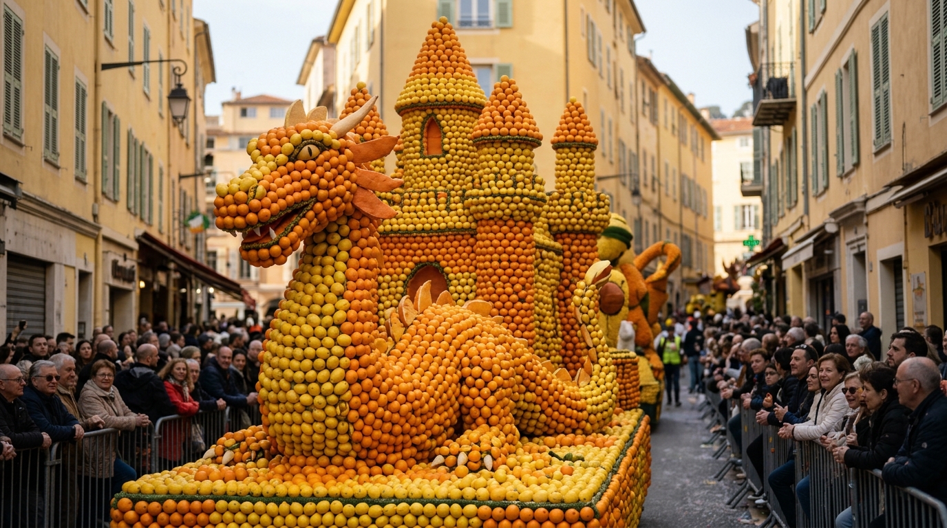 Fête du Citron lemon festival float in Menton with orange and lemon sculptures on a parade float