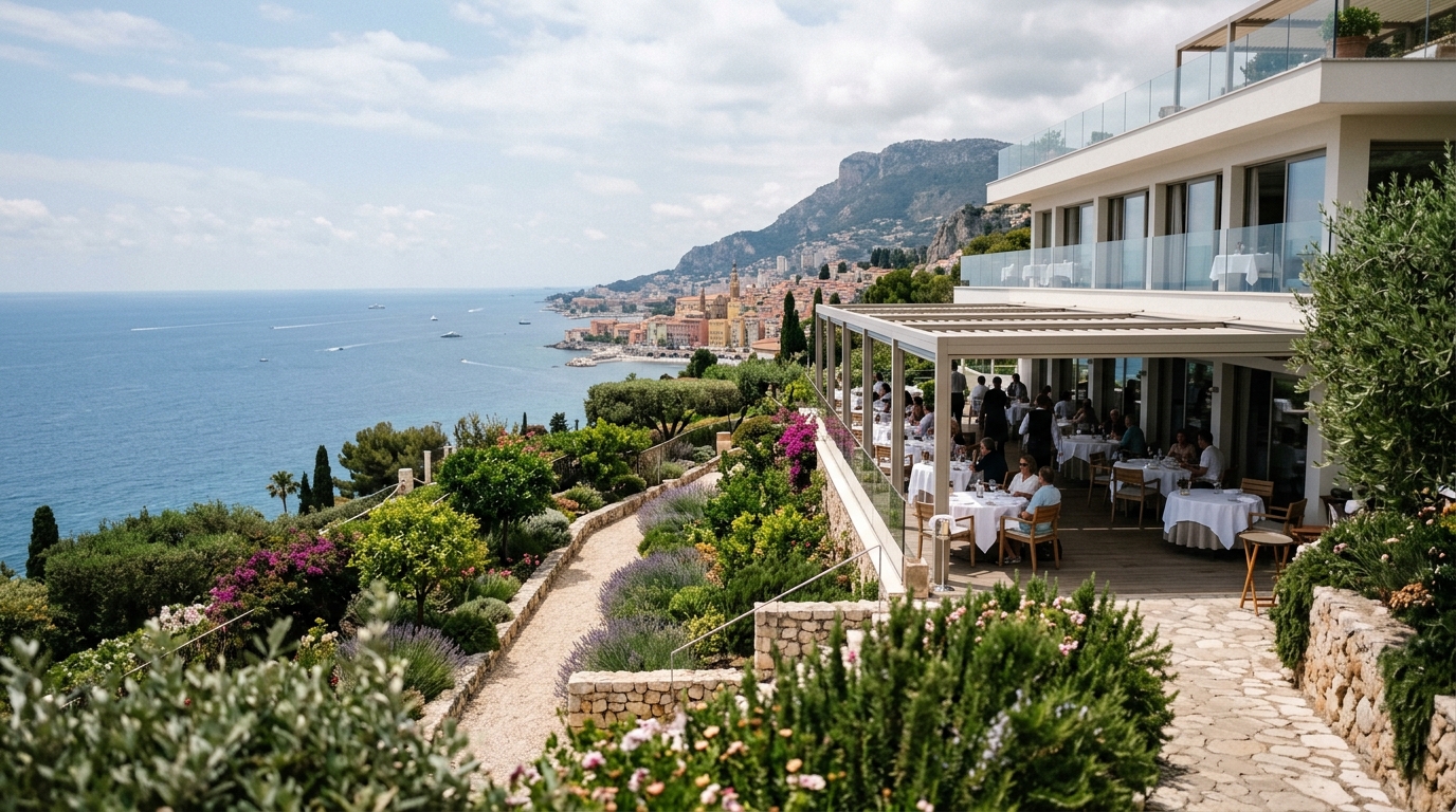 Mirazur restaurant Menton exterior with sea view terrace and garden in best food in menton