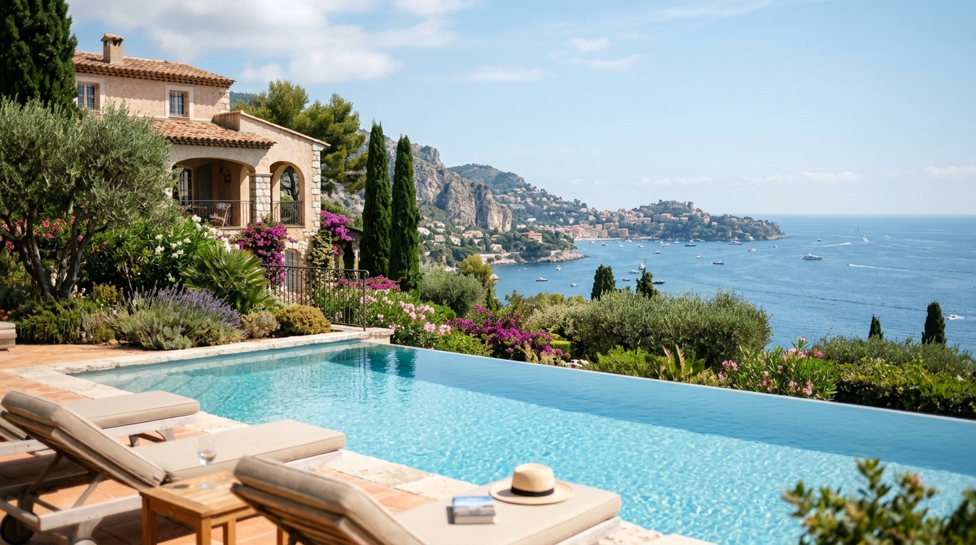 Luxury villa pool on French Riviera with Mediterranean Sea view and surrounding gardens