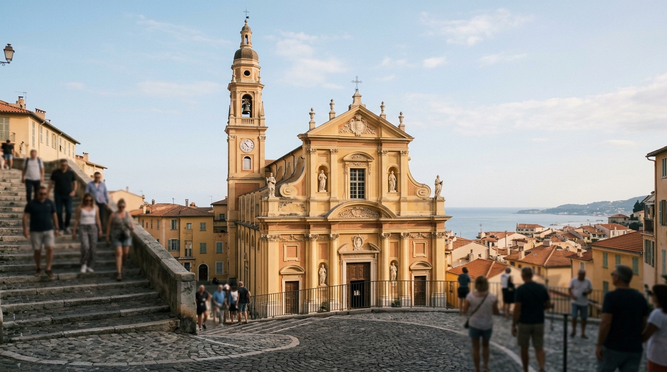 Baroque facade of Basilica Saint Michael Menton with bell tower in best things to do in menton