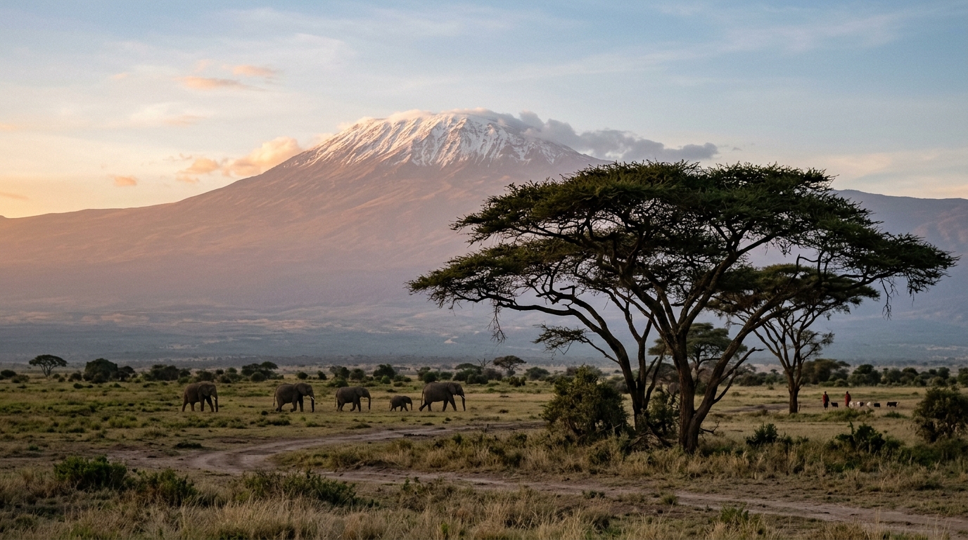 Mount Kilimanjaro seen from the savannah at sunrise with Amboseli acacia trees in foreground in mount kilimanjaro travel guide
