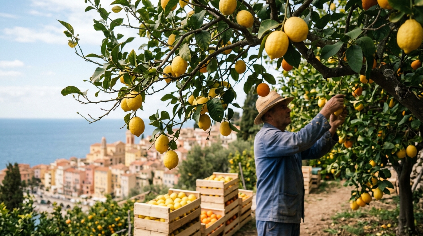 Menton citrus harvest scene with lemons and oranges hanging on trees