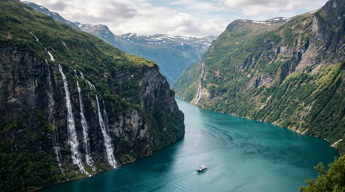 Norway fjords aerial view showing steep mountain walls and turquoise water with waterfalls in norway fjords travel guide