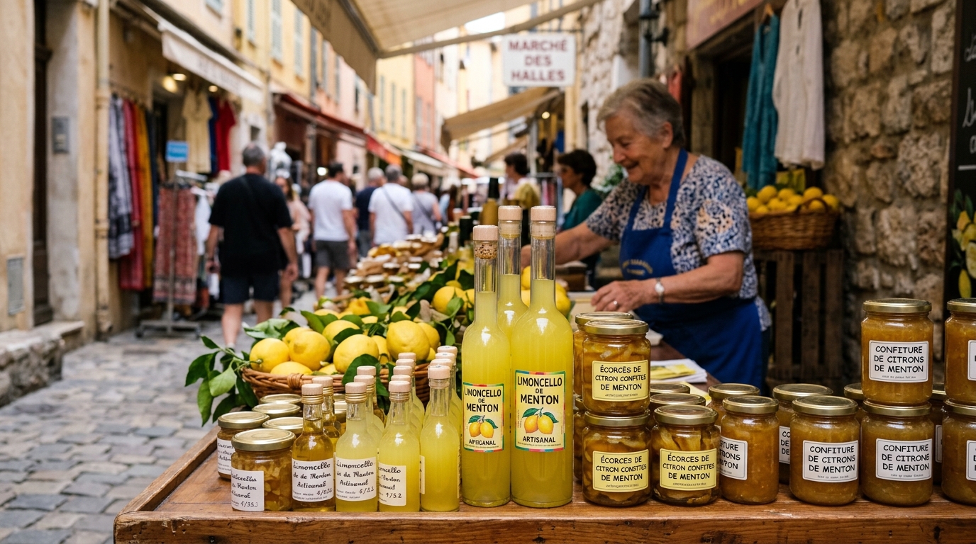 Menton lemon products including limoncello bottles, candied peel and lemon jam at a market stall in best food in menton