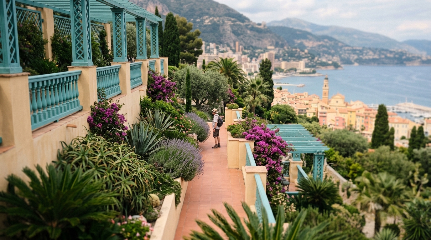 Serre de la Madone garden terraces in Menton with Mediterranean planting and hillside views