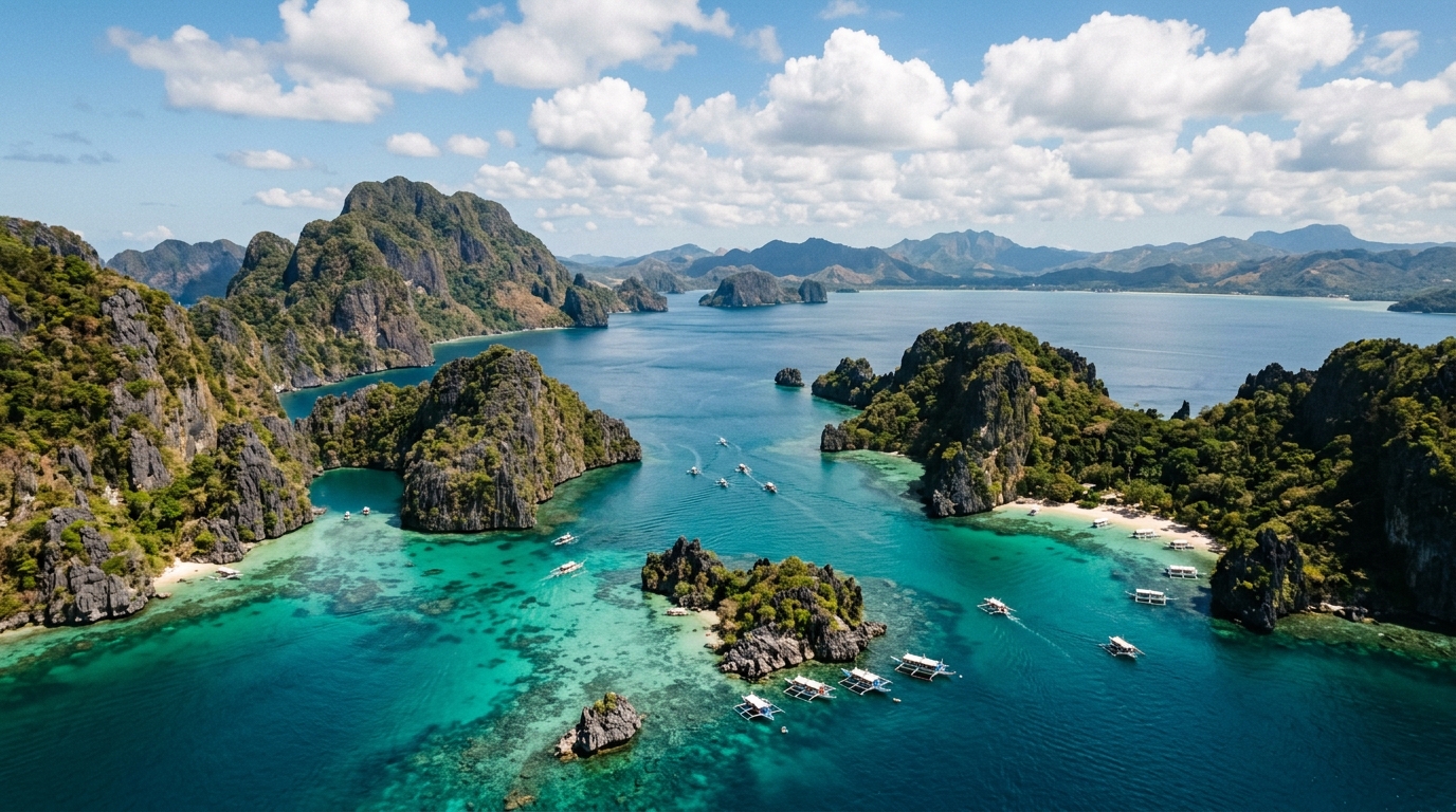 Aerial view of El Nido Bacuit Bay limestone karsts and turquoise water Philippines in palawan travel guide