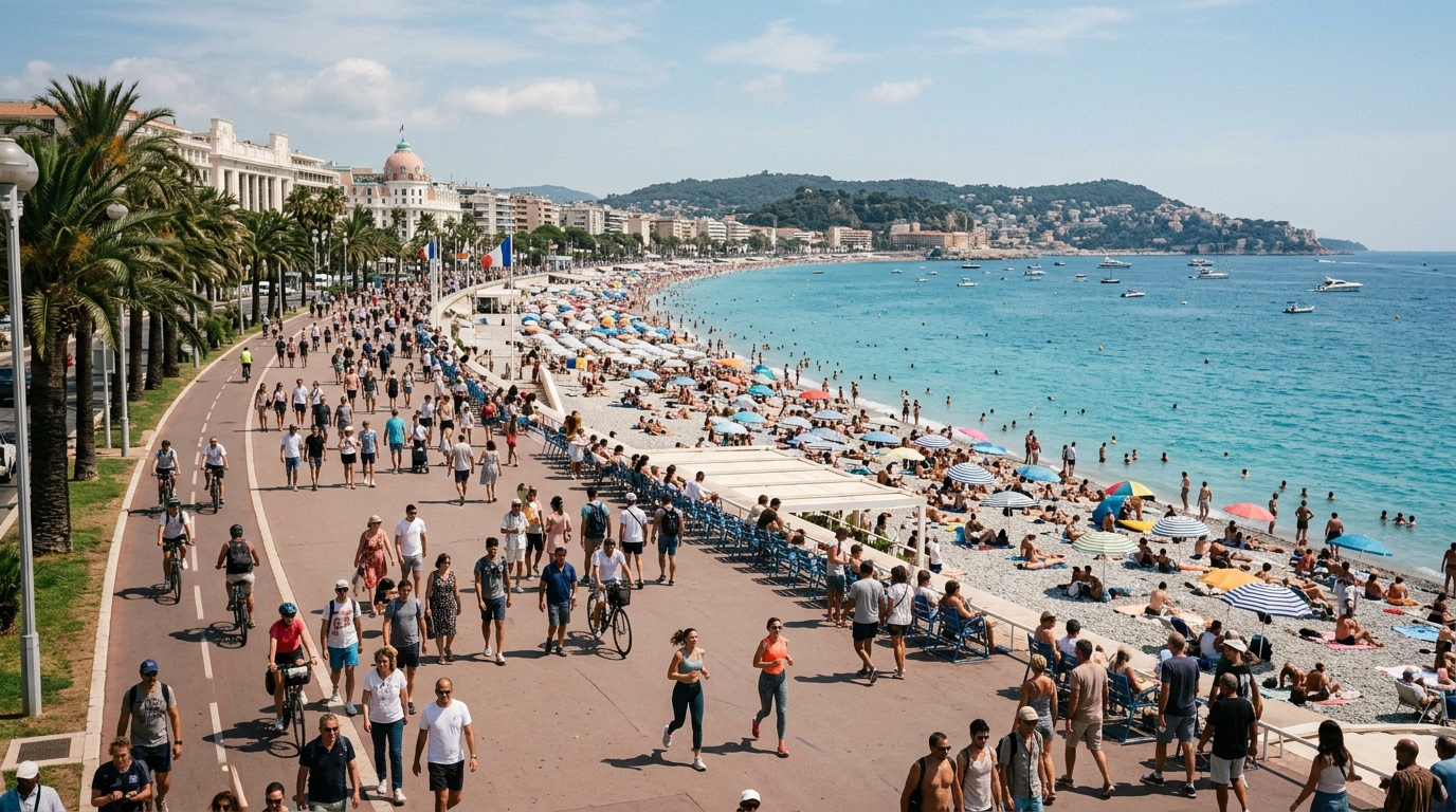 Wide shot of Nice's Promenade des Anglais packed with sunbathers, joggers, and tourists in summer with the curve of Baie in menton vs nice