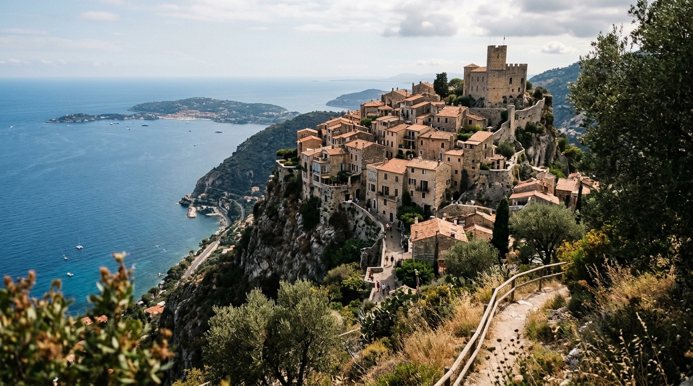 Roquebrune-Cap-Martin village perched on cliff above Mediterranean coast with sea view