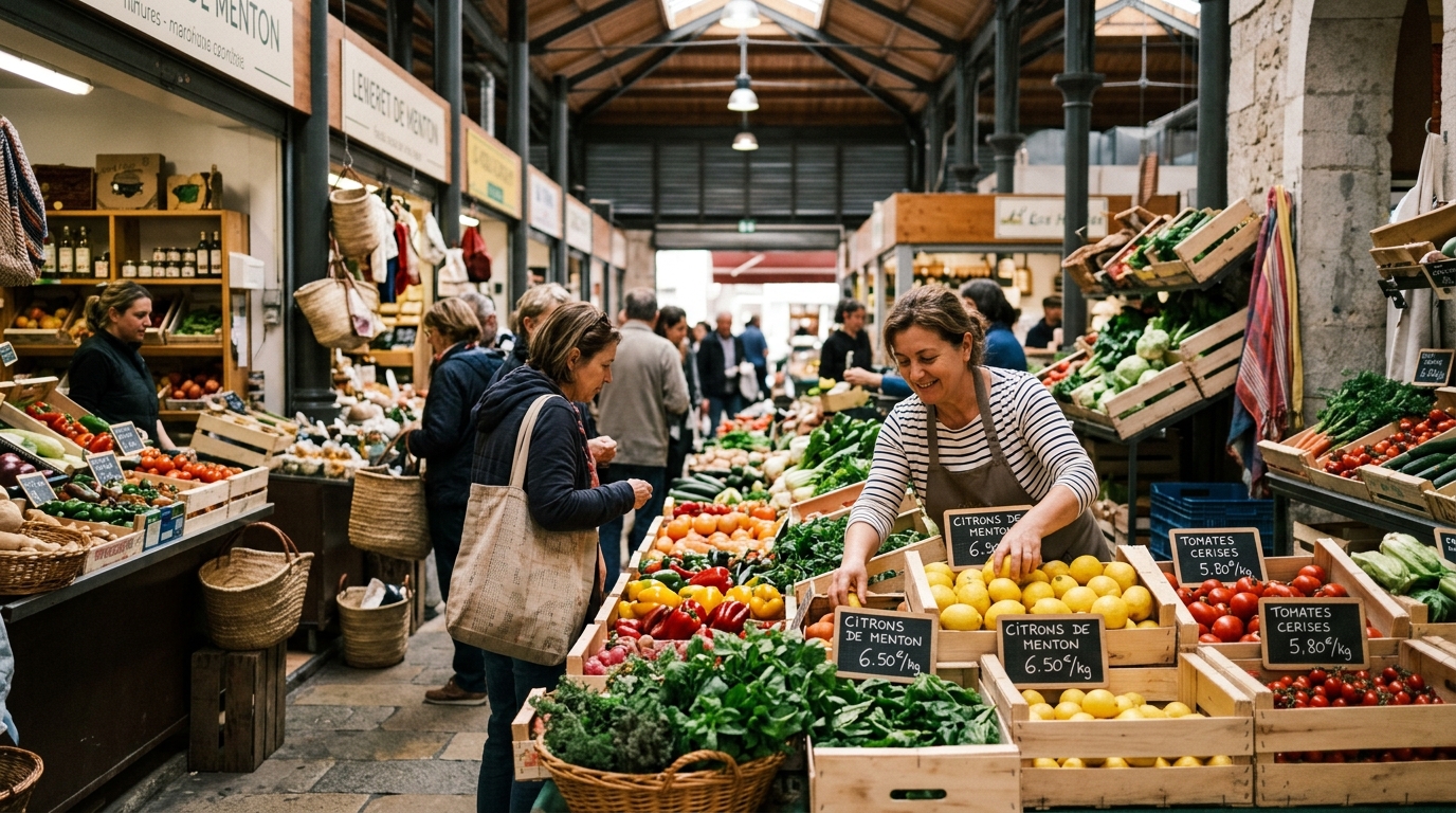 Menton covered market Les Halles indoor produce stalls in best things to do in menton