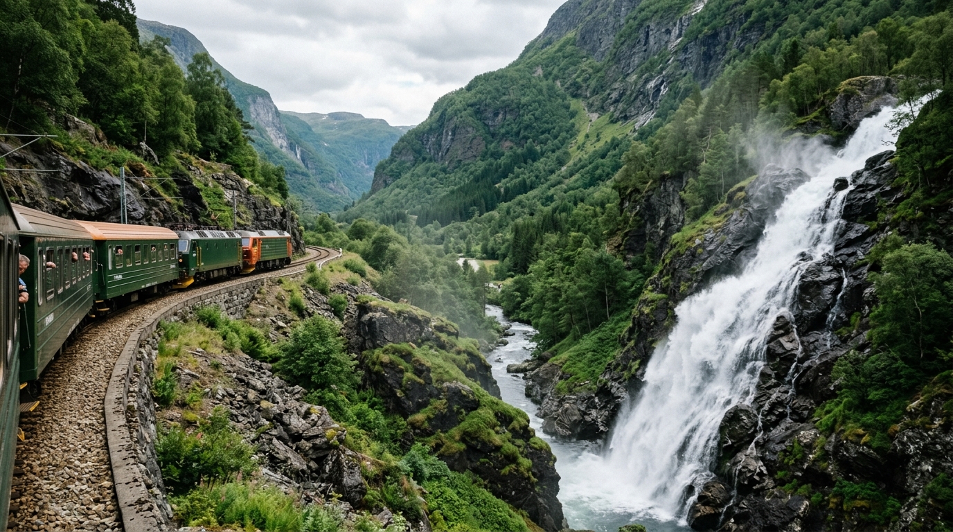 Flam Railway train passing Kjosfossen waterfall Norway in green valley in norway fjords travel guide