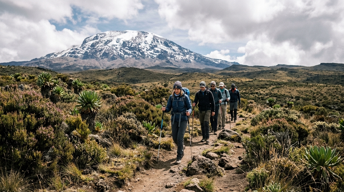 Kilimanjaro trekkers walking through heather moorland on Machame route with volcanic peak visible in mount kilimanjaro travel guide