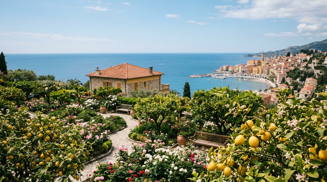 Menton garden with lemon trees, roses and Mediterranean sea view in spring