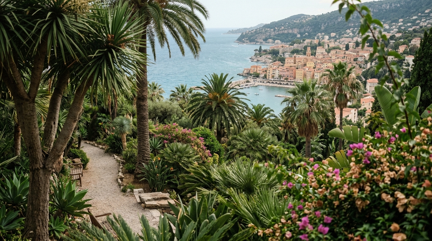 Menton's Val Rahmeh botanical garden with lush subtropical plants, palm trees, and Mediterranean coastal views