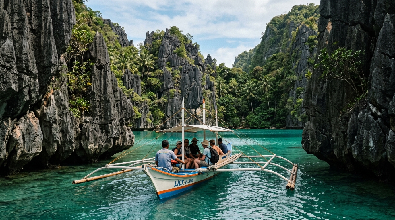 Traditional bangka outrigger boat entering hidden lagoon surrounded by limestone cliffs El Nido Philippines in palawan travel guide